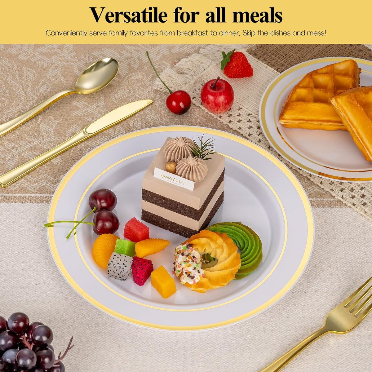 100 Pack 10.25 Inch Gold Rim Plastic Dinner Plates | Heavy Duty Disposable Plastic Party Plates Bulk for Wedding, Birthday & Daily Use