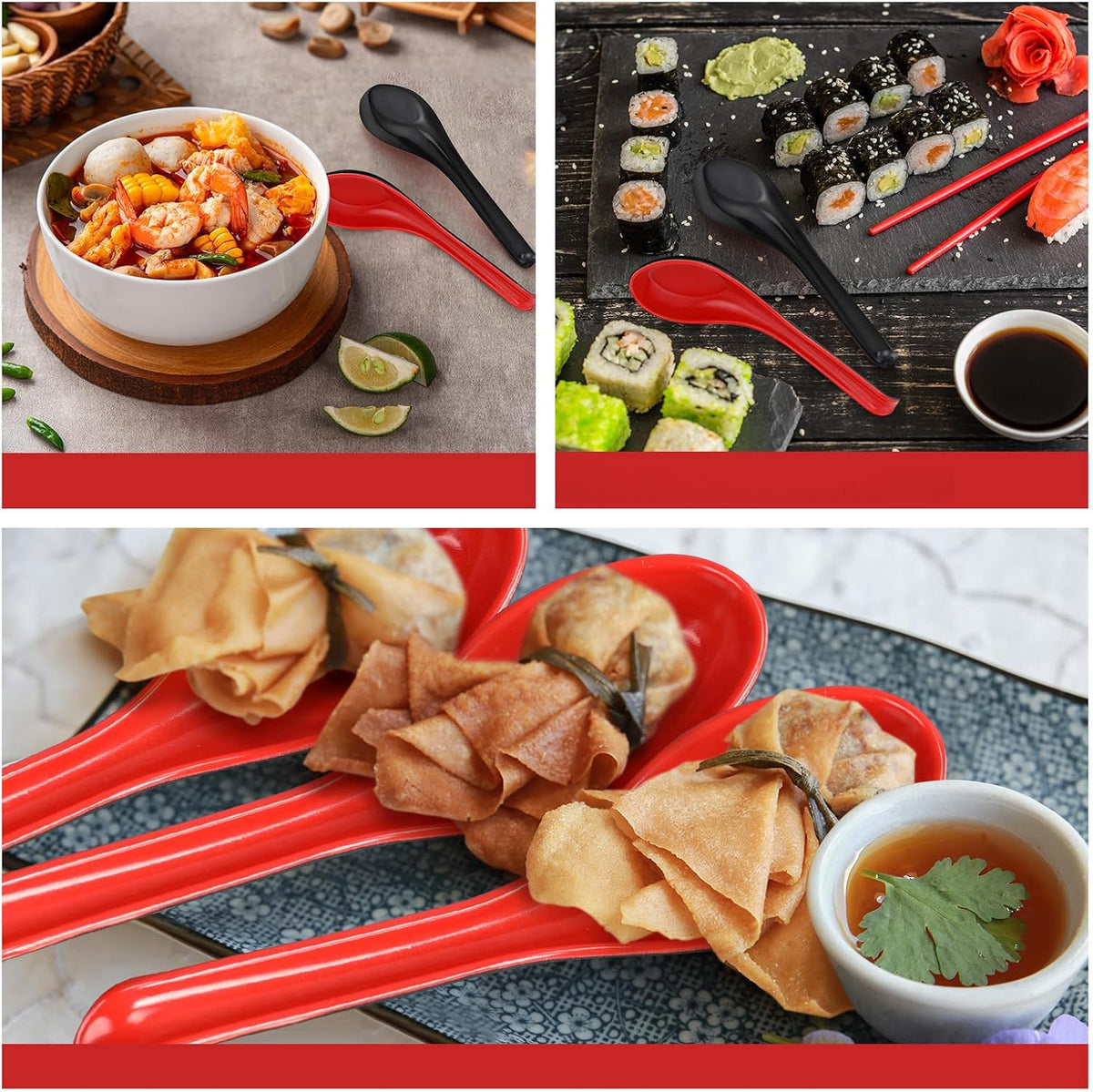 Hushee 200 Pieces Asian Soup Bulk Spoons 6.3 Inch Chinese Japanese Korean Style Serving Wonton Soba Rice Spoon with Hook for Pho Ramen Noodle Dumpling Dinner, Black and Red