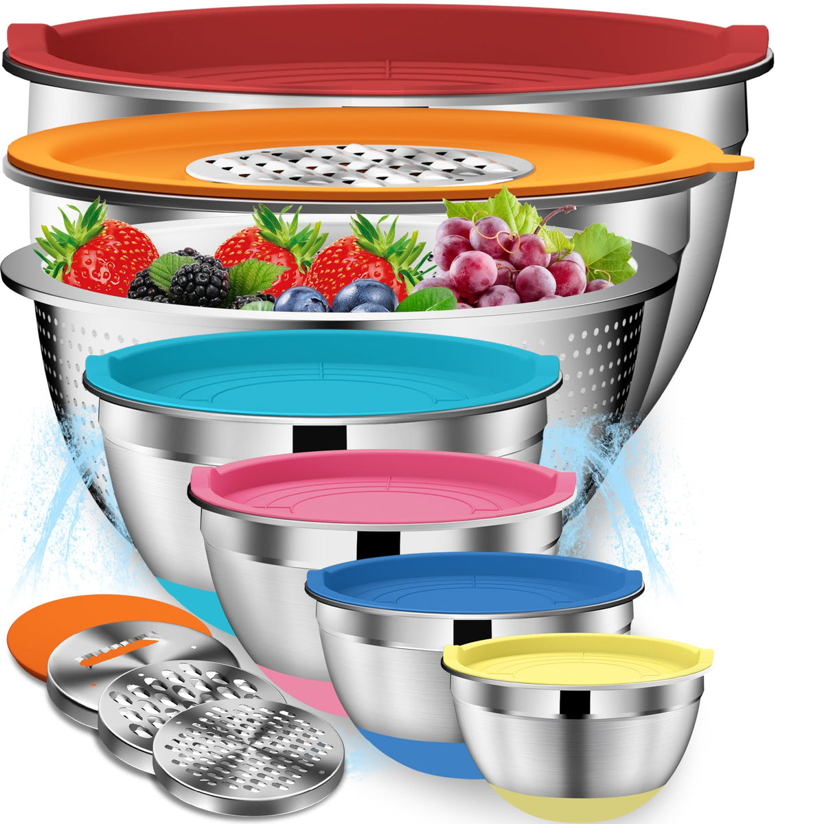 DUTZUN Mixing Bowls with Lids Set, Stainless Steel Mixing Bowls with Colander, Strainer with Mixing Bowl Set, Serving Bowl Kitchen Gift, Size 4.5, 2.5, 2, 1.5QT - Black