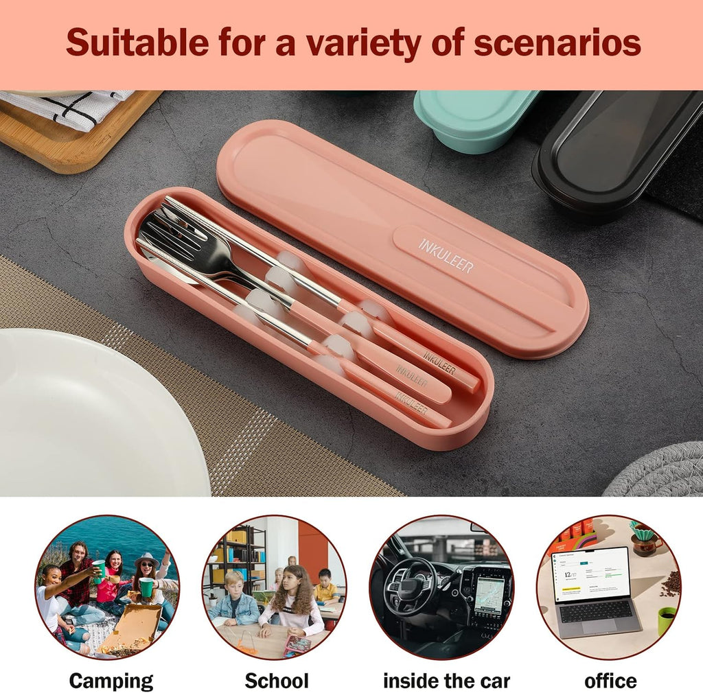 iNKULEER Travel cutlery set, 18/8 stainless steel cutlery, Reusable utensils set with case, Portable Silverware Lunch Box for Camping and Office (Pink)