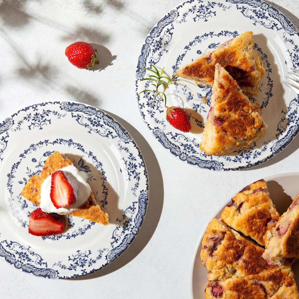 Dinner Plates Set of 6, 10.5 inch Blue Rose Floral Plate | Ceramic, White Porcelain Plate, Kitchen Plates Microwave Safe, Ideal for Salad, Pasta & Dessert