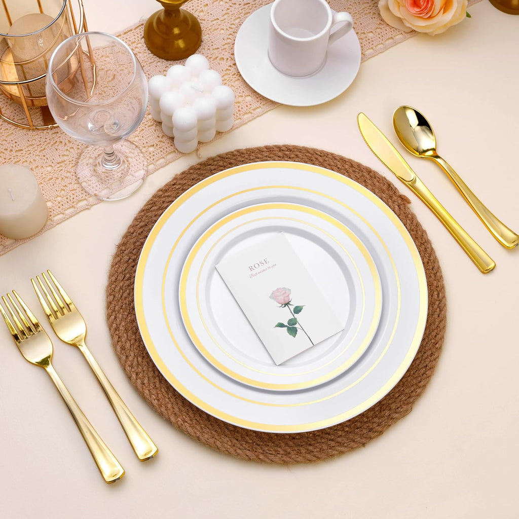 BESTSTAR 100PCS White Plastic Plates for Party | 10.25 Inch Disposable Plates with Gold Rim, Heavy Duty Dinner Plates for Party, Wedding and Birthday