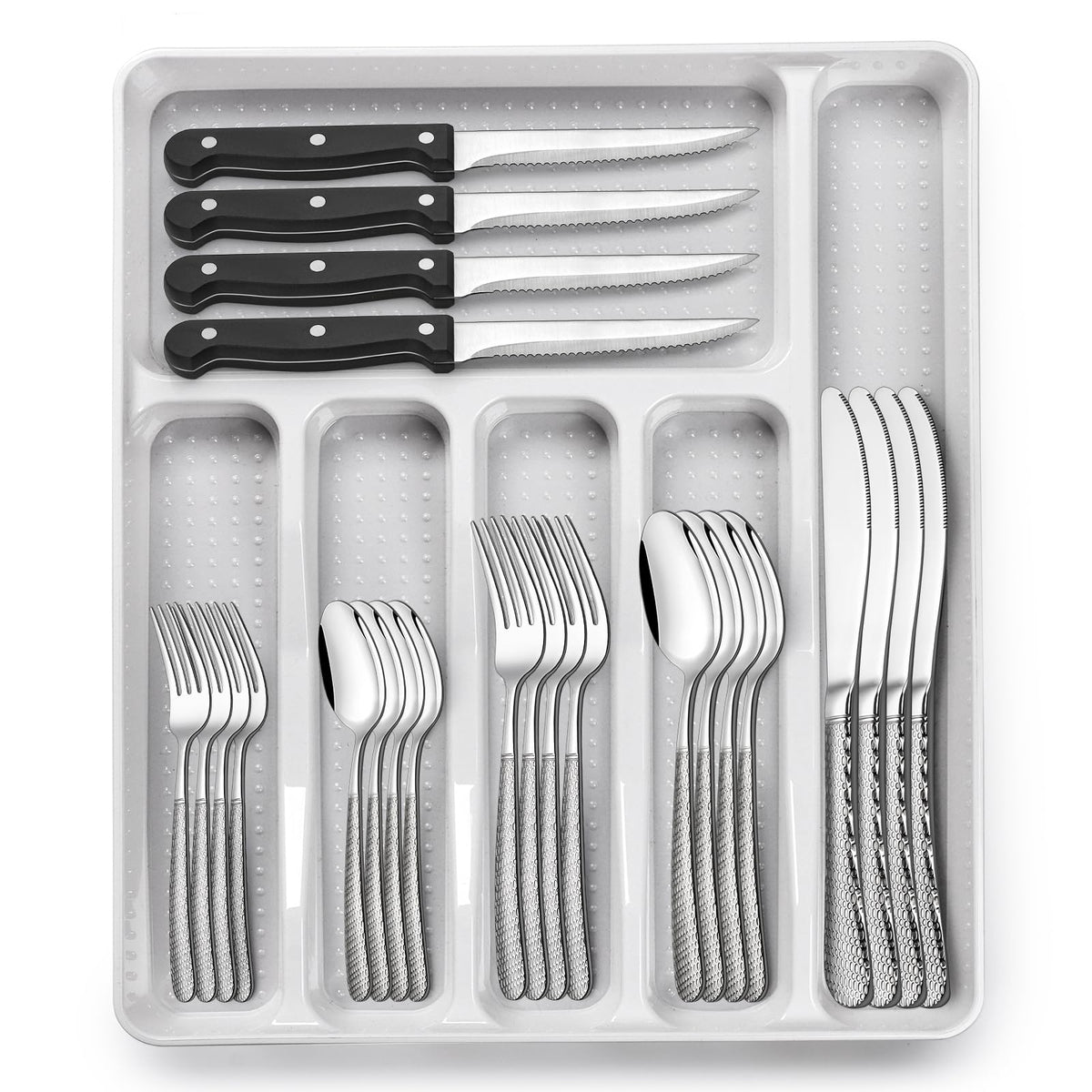 49-Piece Black Silverware Set with Organizer, Food-Grade Stainless Steel Black Flatware for 8, Cutlery Utensil Sets with Steak Knives, Rust-proof, Mirror Polished, Dishwasher Safe, Tree Pattern