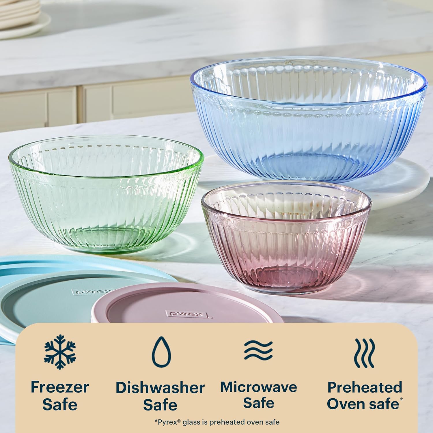 Pyrex Colors (3-Pack) Sculpted Tinted Glass Mixing Bowls with Plastic Lids