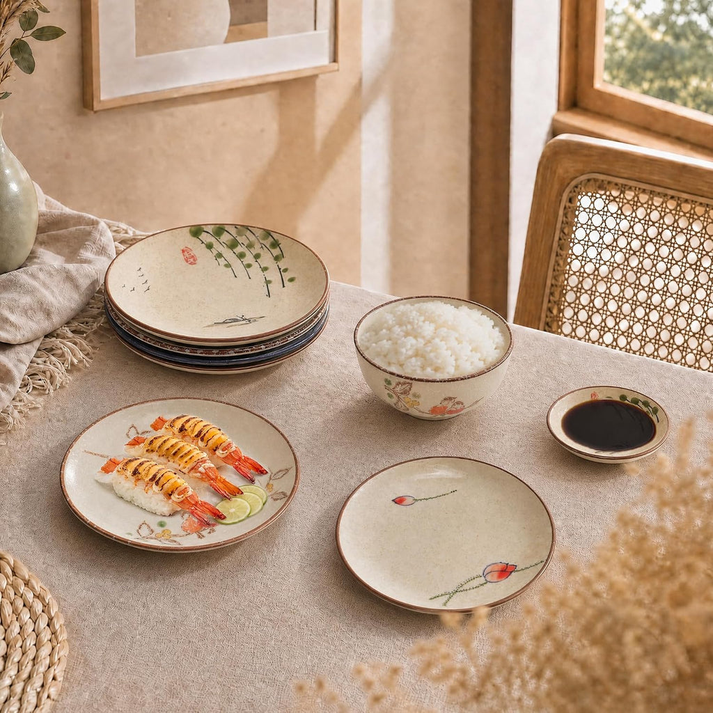 6 Inch Japanese Retro Dinner Plates Set of 6 | Ceramic Hand-painted Serving Bowsl Set for Serve Dishes, Pasta, Salads, Snacks, Sushi, Dishwasher Microwave Safe
