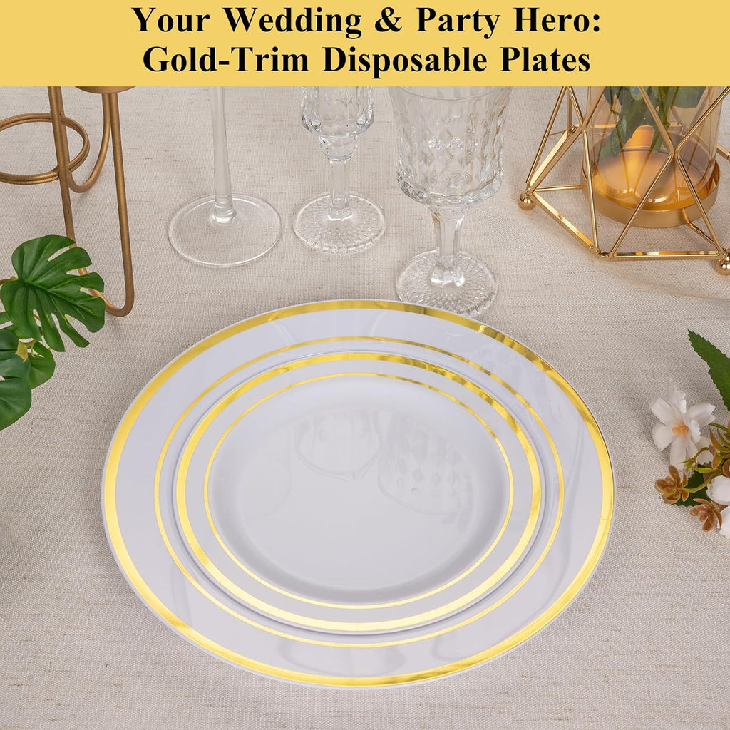 100 Pack 10.25 Inch Gold Rim Plastic Dinner Plates | Heavy Duty Disposable Plastic Party Plates Bulk for Wedding, Birthday & Daily Use