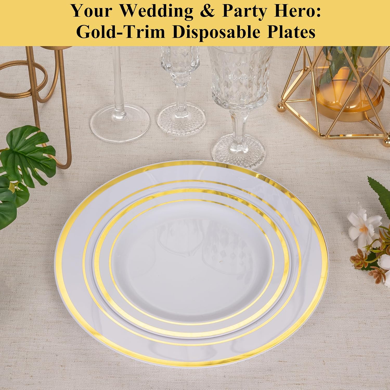 100 Pack 10.25 Inch Gold Rim Plastic Dinner Plates | Heavy Duty Disposable Plastic Party Plates Bulk for Wedding, Birthday & Daily Use
