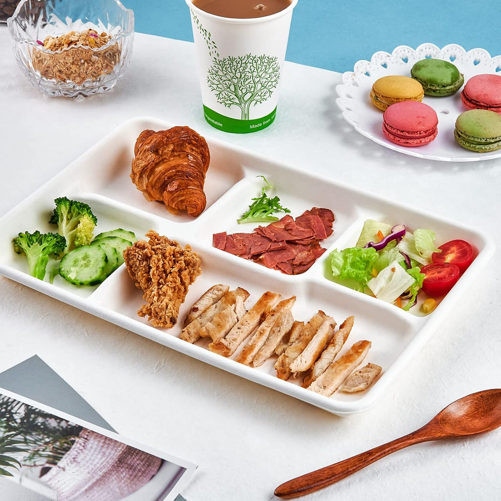 Compostable Disposable 5 Compartment Paper Plates, 12.5inch | 100 Pack, Biodegradable Sugarcane Plates, Eco-Friendly School Lunch Trays