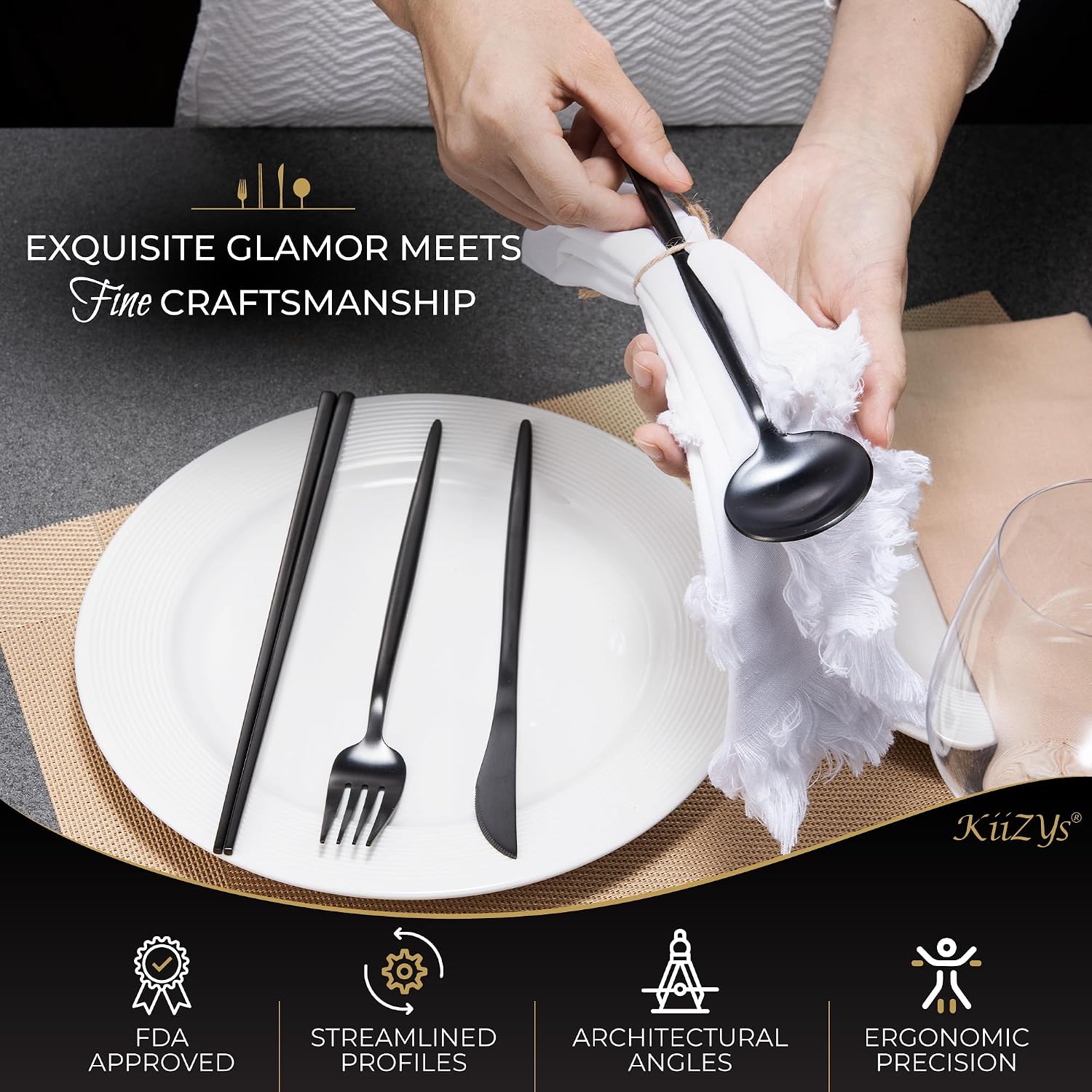 KiiZYs Matte Black Flatware Set - 14-piece Modern Silverware Set Stainless Steel Utensils - Metal Chopsticks Kitchen Cutlery Fork Spoon Knife - Dishwasher Safe House Warming Gift Box (Black, 2 Sets)