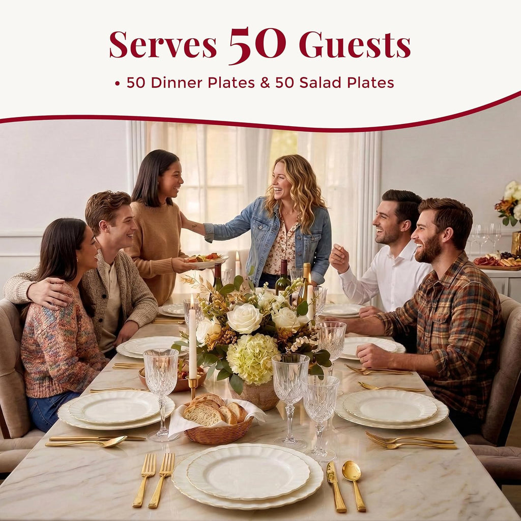 HEAVYWEIGHT Gold Scalloped Plastic Plates for Party Wedding 100 Pc | 30% Heavier, 50 Dinner & 50 Dessert Heavy Duty Disposable Plates for Bridal & Baby Shower (50 Guests)