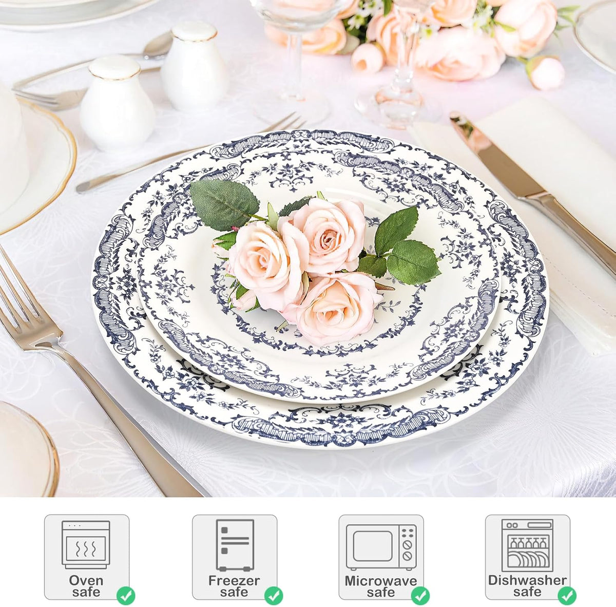 Dinner Plates Set of 6, 10.5 inch Blue Rose Floral Plate | Ceramic, White Porcelain Plate, Kitchen Plates Microwave Safe, Ideal for Salad, Pasta & Dessert