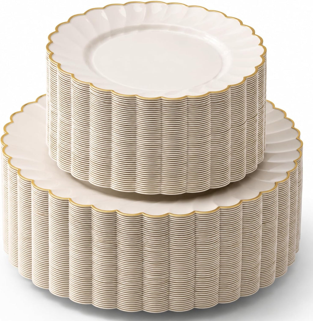 HEAVYWEIGHT Gold Scalloped Plastic Plates for Party Wedding 100 Pc | 30% Heavier, 50 Dinner & 50 Dessert Heavy Duty Disposable Plates for Bridal & Baby Shower (50 Guests)