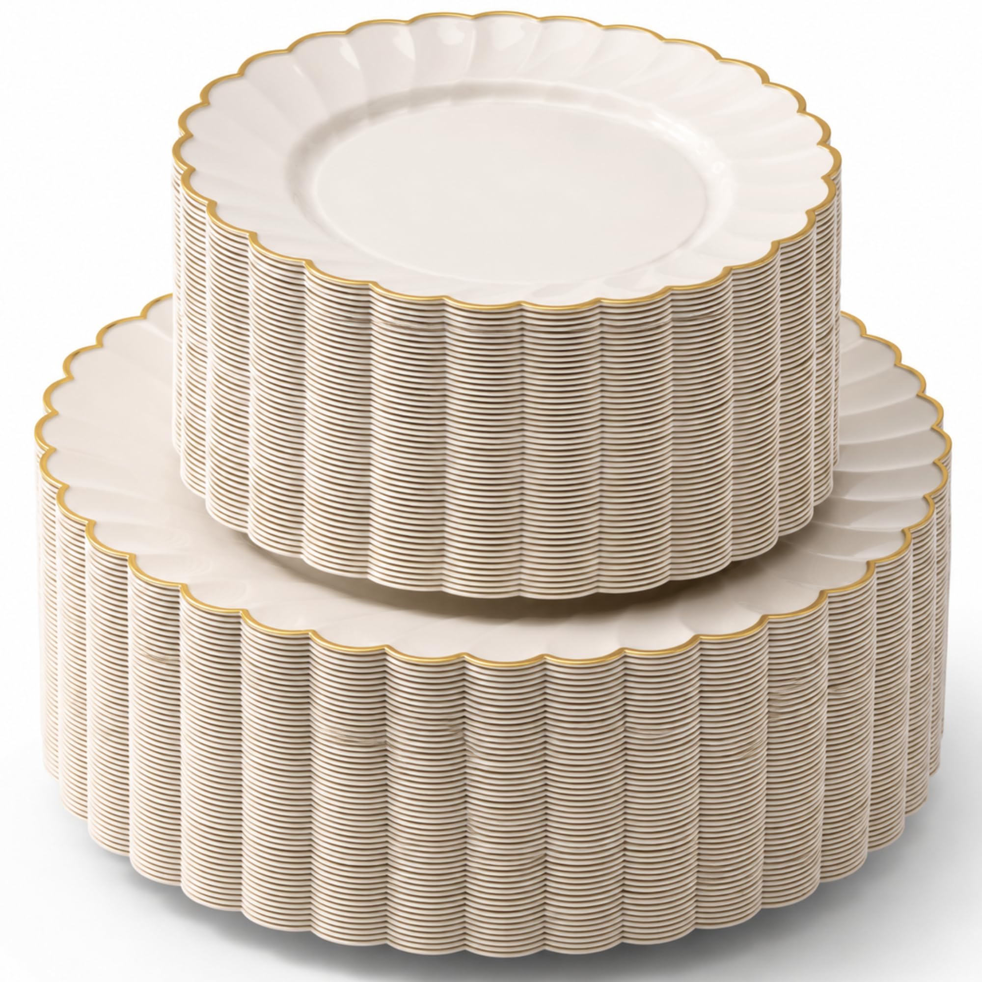 HEAVYWEIGHT Gold Scalloped Plastic Plates for Party Wedding 100 Pc | 30% Heavier, 50 Dinner & 50 Dessert Heavy Duty Disposable Plates for Bridal & Baby Shower (50 Guests)