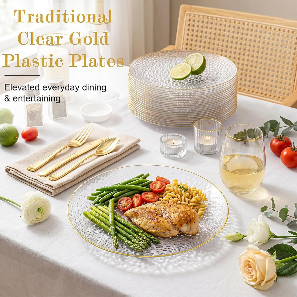 Rubtlamp 100 Pcs Gold Plastic Plates, 10 inch Clear Gold Dinner Plates, Hammer Pattern Design, Fancy Disposable Plate, Heavy Duty Party Plate Ideal for Party