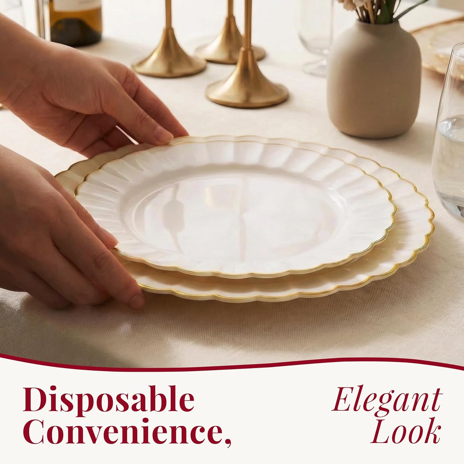 HEAVYWEIGHT Ivory Gold Scalloped Plastic Plates for Party 60 Pcs | 30% Heavier, 30 Dinner & 30 Dessert Heavy Duty Disposable Plates, Fancy Plastic Plates Wedding Shower (30 Guests))