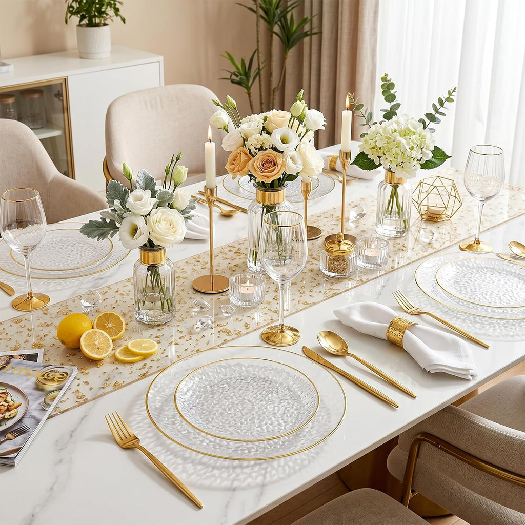 Rubtlamp 60Pcs Clear Plastic Plates,Clear Disposable Plates With Gold Rim,Heavy-duty Gold Plates,Hammered Party Plates Include 30Clear Dessert-Platos,30Dinner-Platos for Wedding, Party