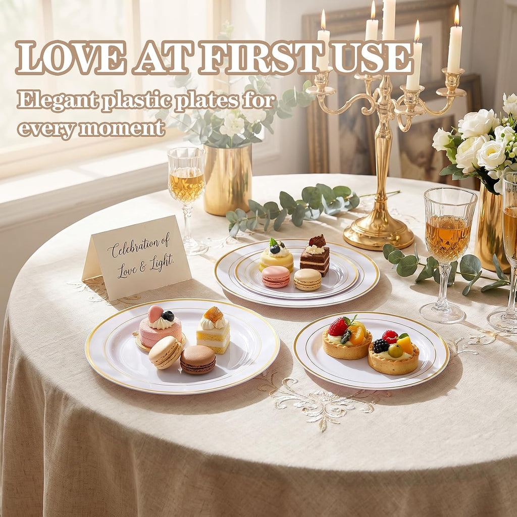 102 Pcs Gold Plastic Plates, Premium Disposable Gold Plates | Gold Rimmed Plastic Plates, BPA Free, Perfect for Wedding, Holidays, Party, 51 Dinner(10.25’’) & 51 Dessert(7.5’’) Plates
