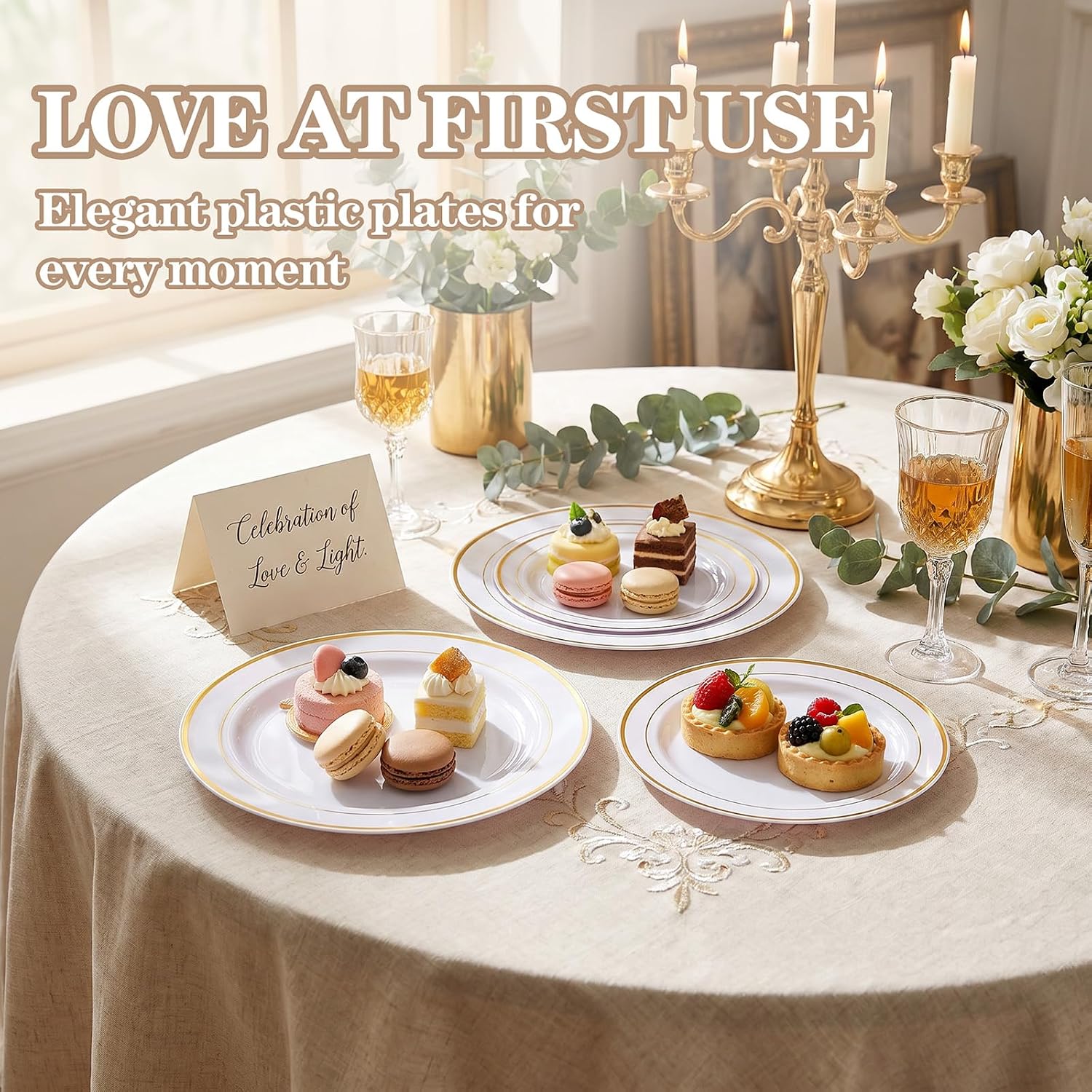 102 Pcs Gold Plastic Plates, Premium Disposable Gold Plates | Gold Rimmed Plastic Plates, BPA Free, Perfect for Wedding, Holidays, Party, 51 Dinner(10.25’’) & 51 Dessert(7.5’’) Plates