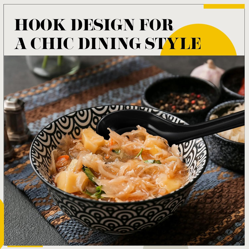 Hushee 100 Pcs Asian Soup Spoon Large Chinese Noodle Ramen Reusable Japanese Wonton Rice Dumpling Pho Spoon Bulk with Hook for Home Restaurant Kitchen (Black)