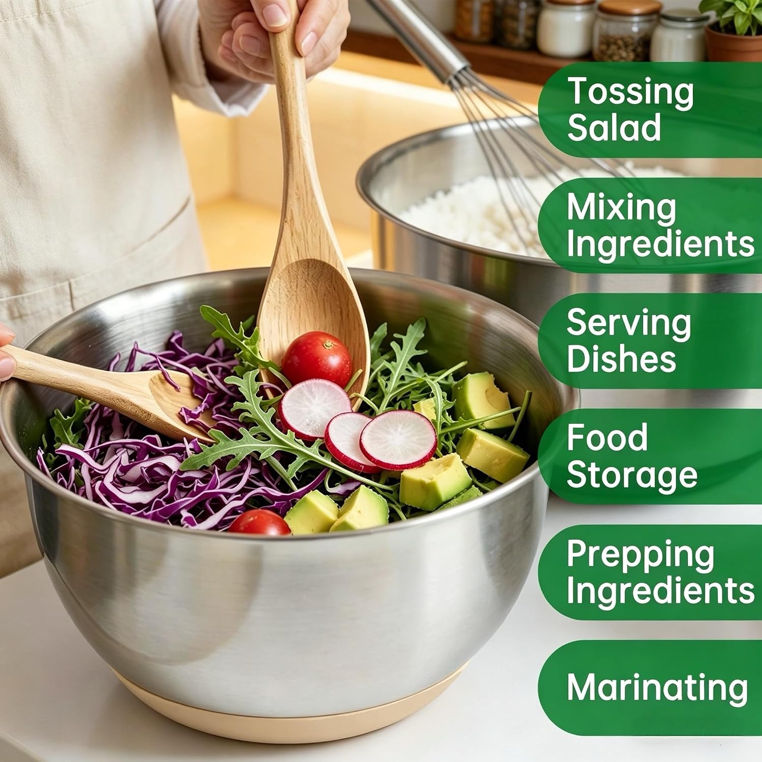 Deedro Mixing Bowls with Airtight Lids, Stainless Steel Mixing Bowls Set | 22Pcs Nesting Bowls with Non-Slip Silicone Base, thicker Metal Bowls for Baking & Prepping, 1.5/2/3/4/5 QT, Khaki