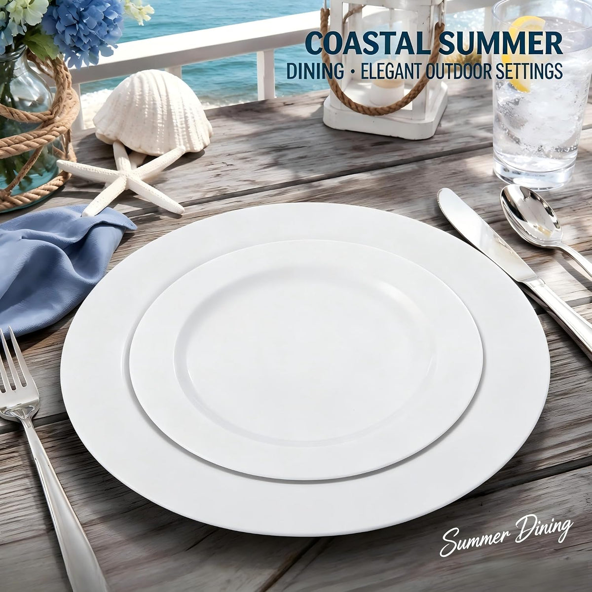 FLOWERCAT 60PCS White Plastic Plates - Heavy Duty White Disposable Plates for Outdoor/Birthday Party/Wedding -serve for 30 guests Include 30PCS 10.25" & 30PCS 7.5" Plates for Summer Party