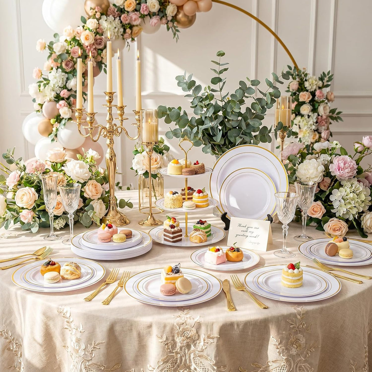 102 Pcs Gold Plastic Plates, Premium Disposable Gold Plates | Gold Rimmed Plastic Plates, BPA Free, Perfect for Wedding, Holidays, Party, 51 Dinner(10.25’’) & 51 Dessert(7.5’’) Plates