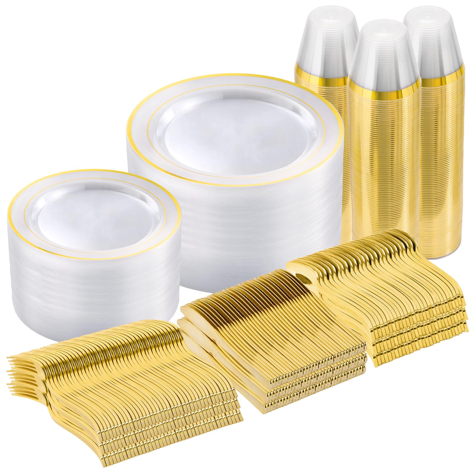 600 Pieces Gold Disposable Plastic Plates for 100 Guests | Include: Dinnerware Set of 100 Dinner and 100 Dessert Plates, 100 Spoons, 100 Forks, 100 Knives, 100 Cups Plates for Party
