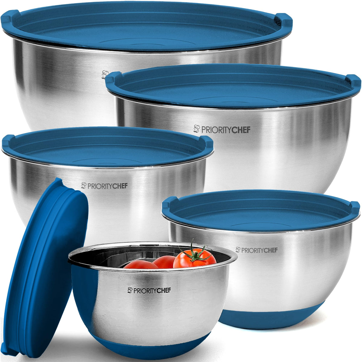 Premium Mixing Bowls With Lids Set, Airtight Lids, Thicker Stainless Steel, Non-Slip Base, 5 Nesting Steel Bowls for Kitchen, Large Prep Metal Bowl Set 1.5/2/3/4/5 Qt, Black