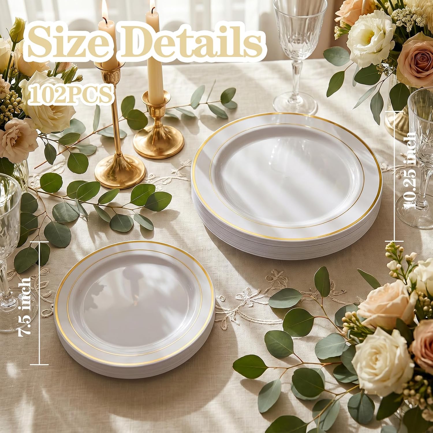 102 Pcs Gold Plastic Plates, Premium Disposable Gold Plates | Gold Rimmed Plastic Plates, BPA Free, Perfect for Wedding, Holidays, Party, 51 Dinner(10.25’’) & 51 Dessert(7.5’’) Plates