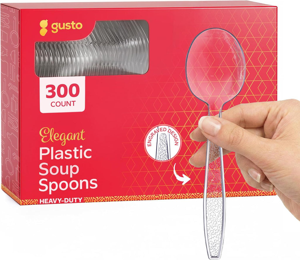 GUSTO Heavy Duty Clear Plastic Soup Spoons [300 Count] Disposable BPA Free Utensils with Engraved Design for Parties, Catering & Everyday Use (Formerly Comfy Package)