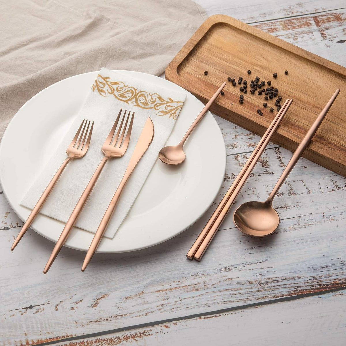 Matte Copper Silverware Set Reusable Chopsticks - KiiZYs 14-piece Stainless Steel Utensils Set Kitchen Accessories - Modern Flatware Spoon Fork Knife - Cutlery Set Gift Box (Matte Copper, 2 Sets)