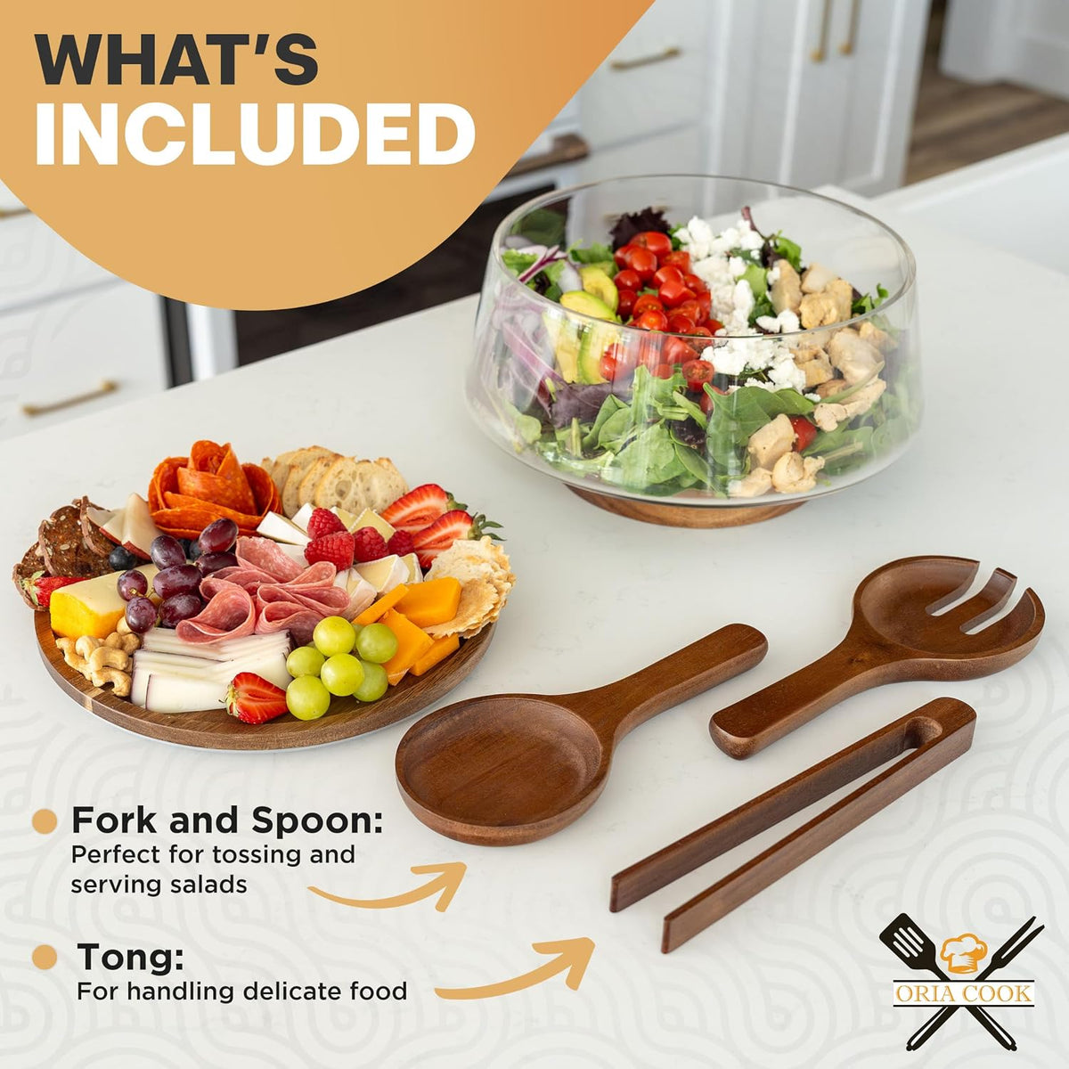 Large Glass Salad Bowl with Lid Set, 5.7 L Decorative Glass Mixing Bowl, Trifle and Serving Bowls with Lids as Cheese Charcuterie Board and Plate, Comes with Wood Serving Utensils