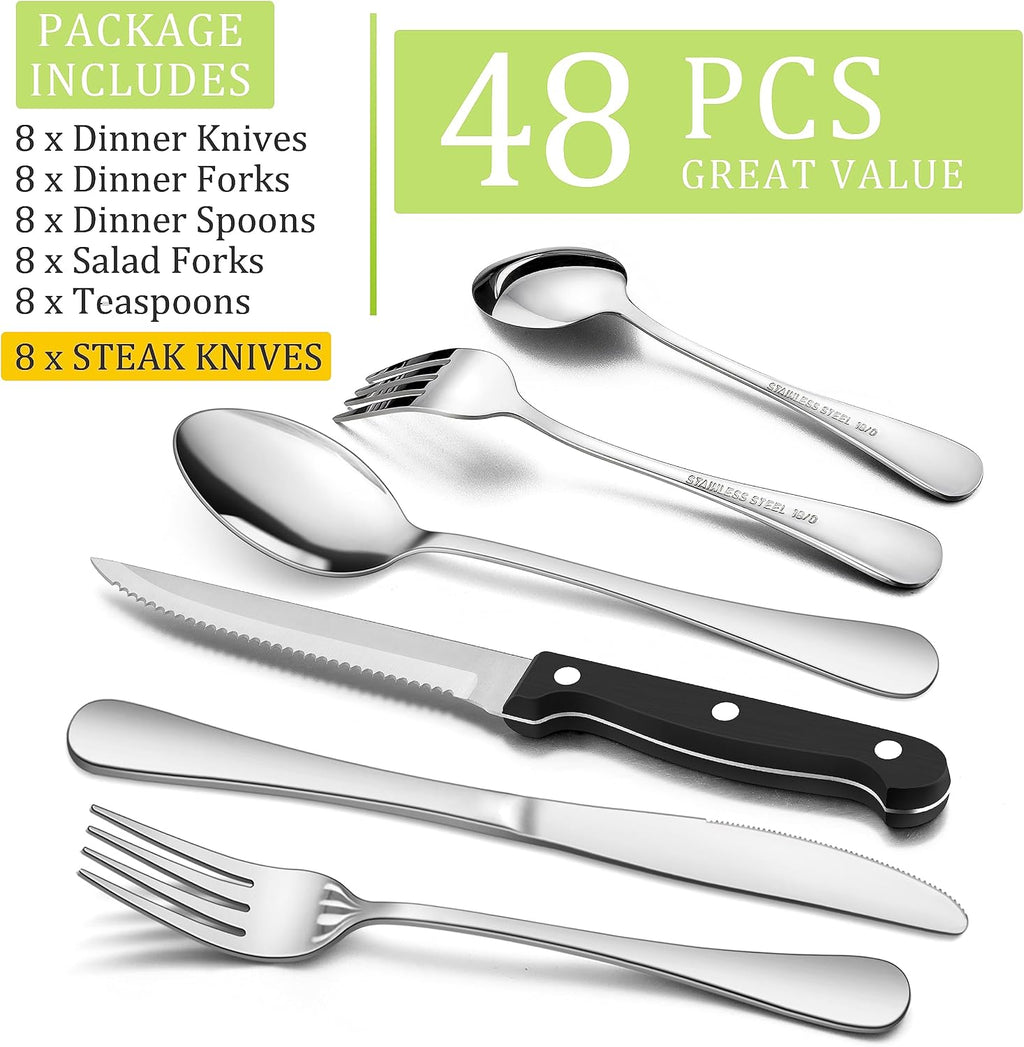 HaWare 48-Piece Silverware Set with Steak Knives, Stainless Steel Flatware | Mirror Polished Cutlery Tableware Set, Eating Utensils Include Knife Fork Spoon for Home Kitchen, Dishwasher Safe