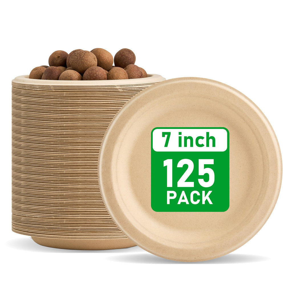 Compostable Paper Plates 10 Inch [150 Pack] | Unbleached Brown, Disposable Biodegradable Heavy Duty Paper Plates, Made of Natural Sugarcane Fibers, Round