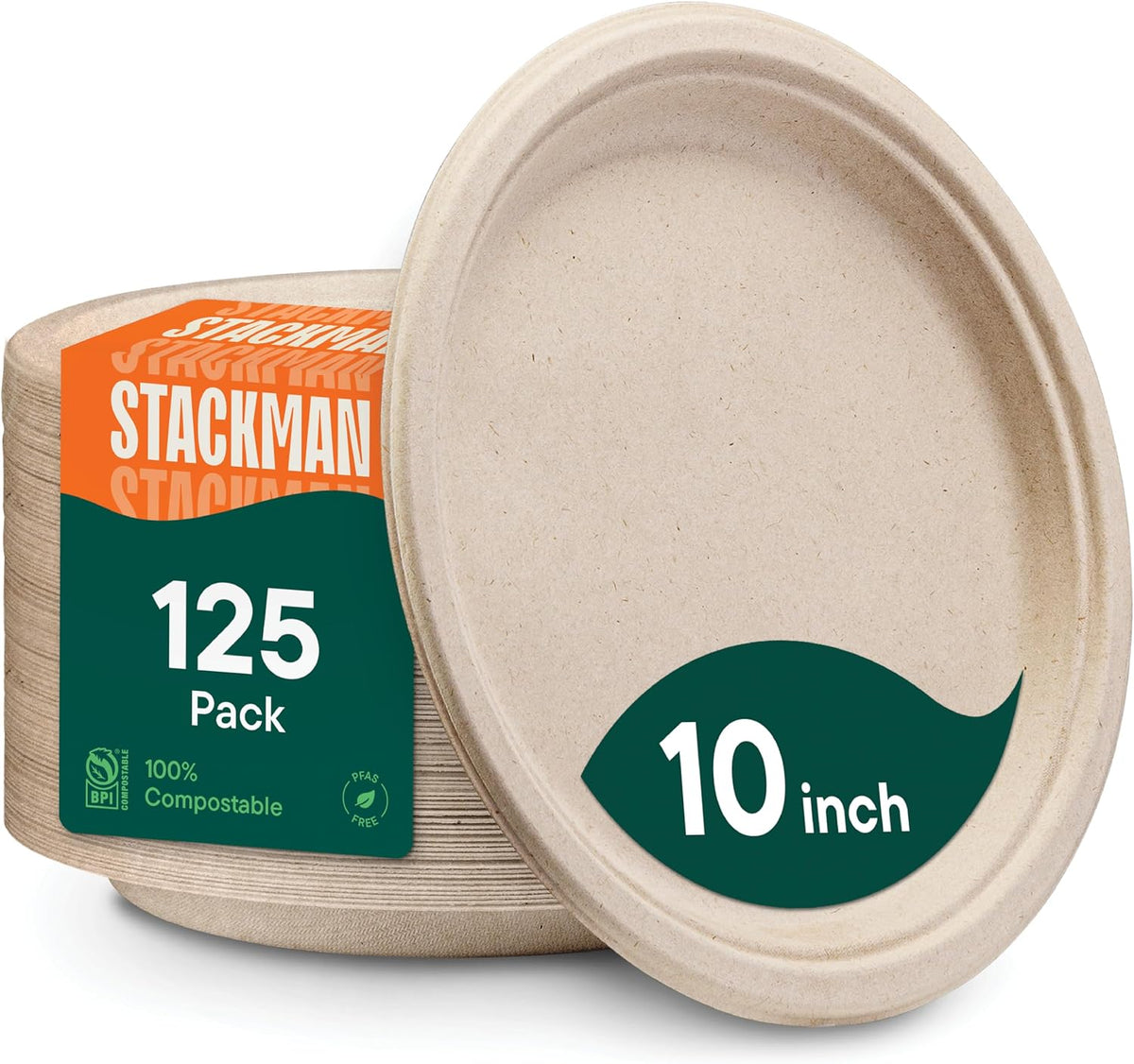 Paper Plates, 100% Compostable Heavy Duty Disposable 10 Inch Plate - [125-Pack] Eco-Friendly, Biodegradable Bagasse - (PFAS-Free) - (BPI Certified) | Eco-Friendly Biodegradable Sugarcane Bagasse Dinner Plates, PFAS-Free & BPI Certified Unbleached Party Su