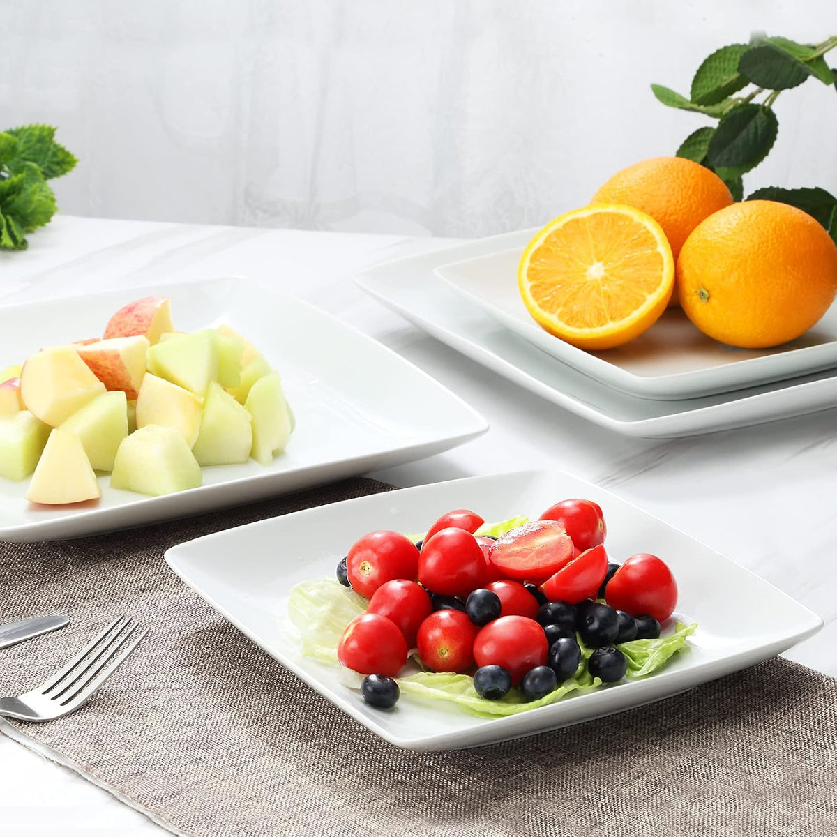 Porcelain Square Dinner Plates, 10.75 Inch Square Serving Plate for Steak, Pasta, Salad, Snacks, Pizza, Appetizer Plates, Set of 6, White | Ceramic Tableware, Raised Rim, Microwave & Dishwasher Safe, Stackable, for Steak, Pasta, Pizza, Everyday Dining, Ea