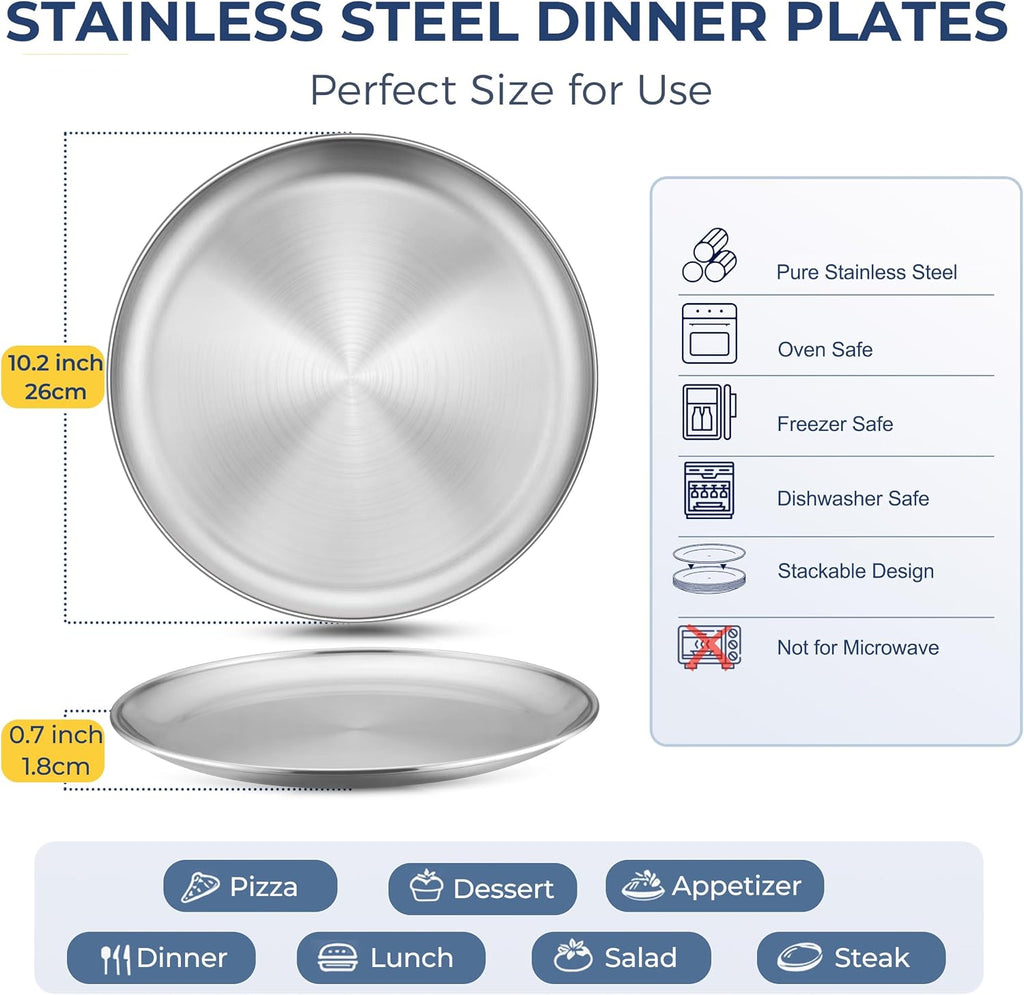 Homikit 6 Pack Stainless Steel Plate Set, 10.2 Inch Metal Dinner Plates for Kids Children Adult, Round Camping Plates for Serving Dishes Dessert Salad, Reusable & Unbreakable, Dishwasher Safe
