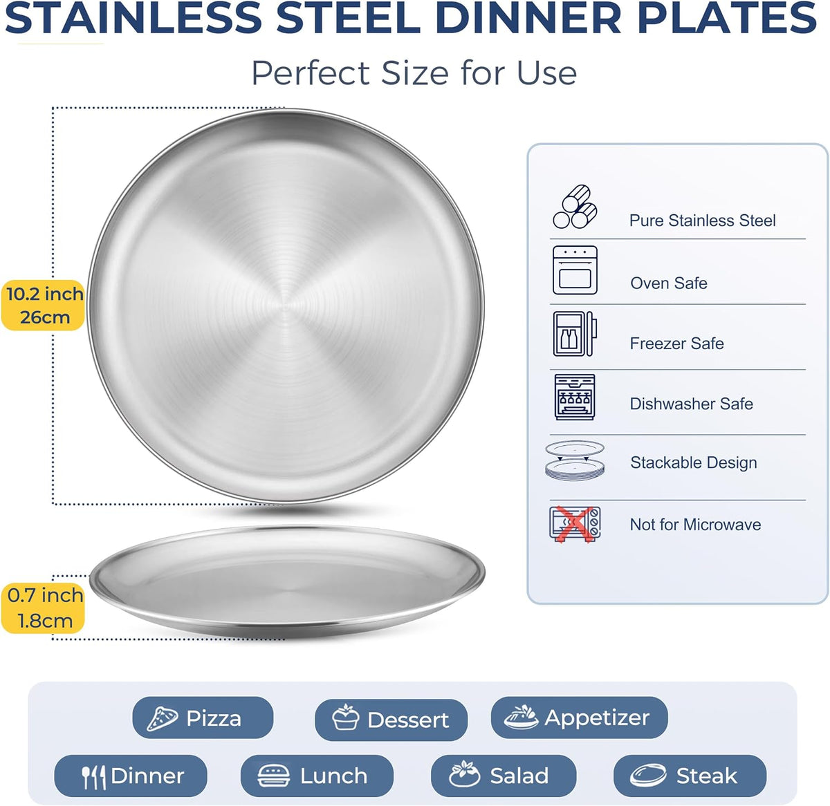 Homikit 6 Pack Stainless Steel Plate Set, 10.2 Inch Metal Dinner Plates for Kids Children Adult, Round Camping Plates for Serving Dishes Dessert Salad, Reusable & Unbreakable, Dishwasher Safe