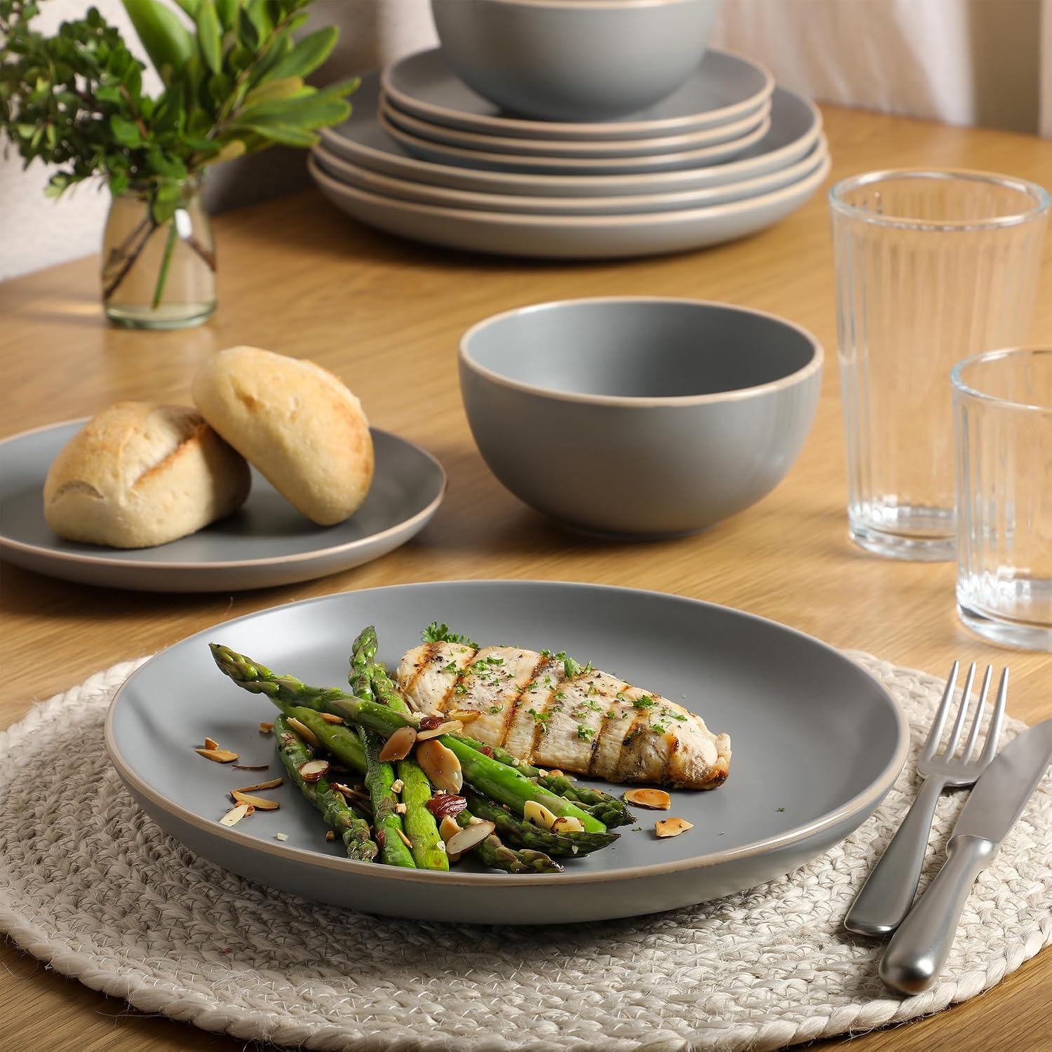 Gibson Home Rockaway 12-Piece Stoneware Dinnerware Set, Matte Finish, Service for 4, Modern Ceramic Plates and Bowls, Microwave & Dishwasher Safe – Soft Gray - Service for 4