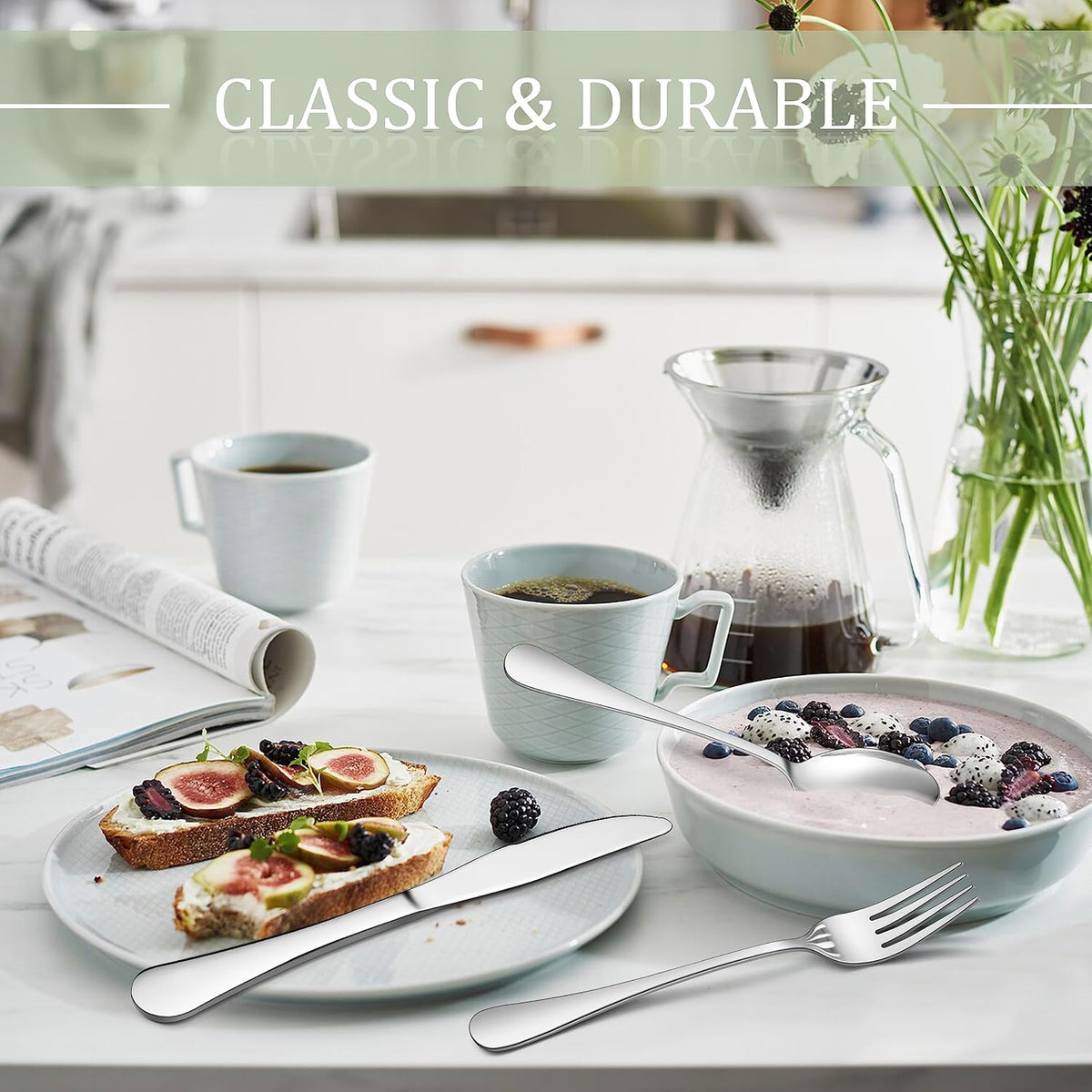 HaWare 48-Piece Silverware Set with Steak Knives, Stainless Steel Flatware | Mirror Polished Cutlery Tableware Set, Eating Utensils Include Knife Fork Spoon for Home Kitchen, Dishwasher Safe