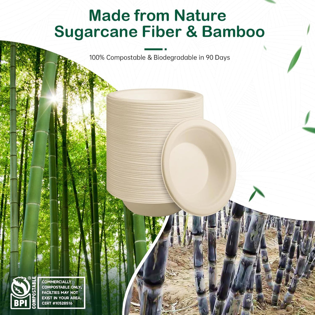 8 oz 128-Pack Compostable Paper Bowls, Small Disposable Dessert & Snack Bowls, Heavy-Duty Bagasse Bowls for Ice Cream, Sauce & Kids Meals, Microwave & Freezer Safe, Eco-Friendly (Natural)