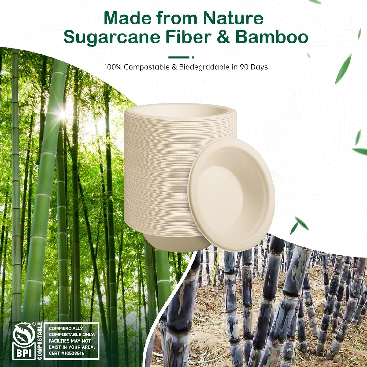 8 oz 128-Pack Compostable Paper Bowls, Small Disposable Dessert & Snack Bowls, Heavy-Duty Bagasse Bowls for Ice Cream, Sauce & Kids Meals, Microwave & Freezer Safe, Eco-Friendly (Natural)