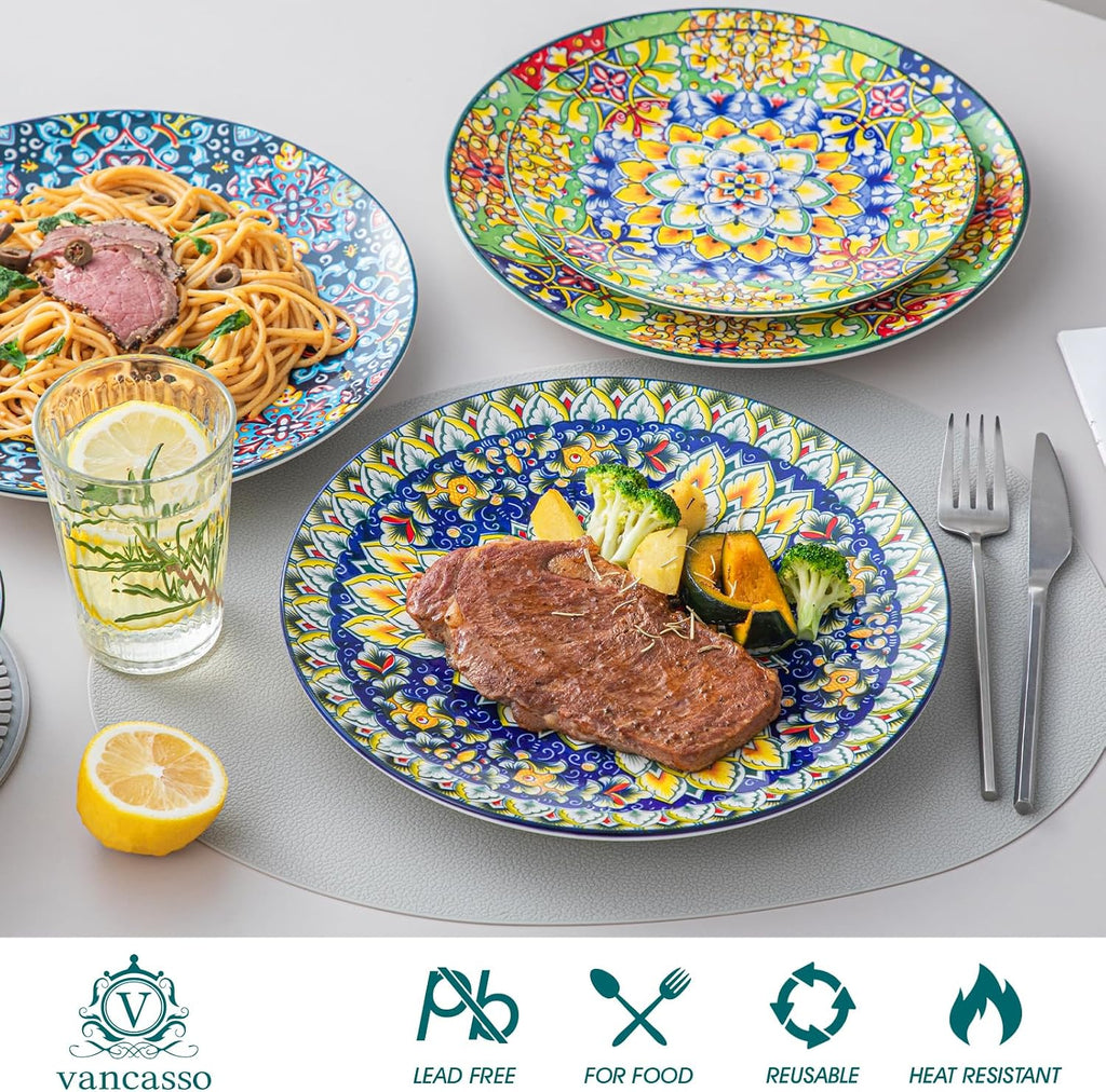 vancasso Ceramic Dinner Plates Set of 6, 10.5 Inch, Microwave Safe | Salad Plates Set, Colorful Bohemian Style Dishes for Kitchen