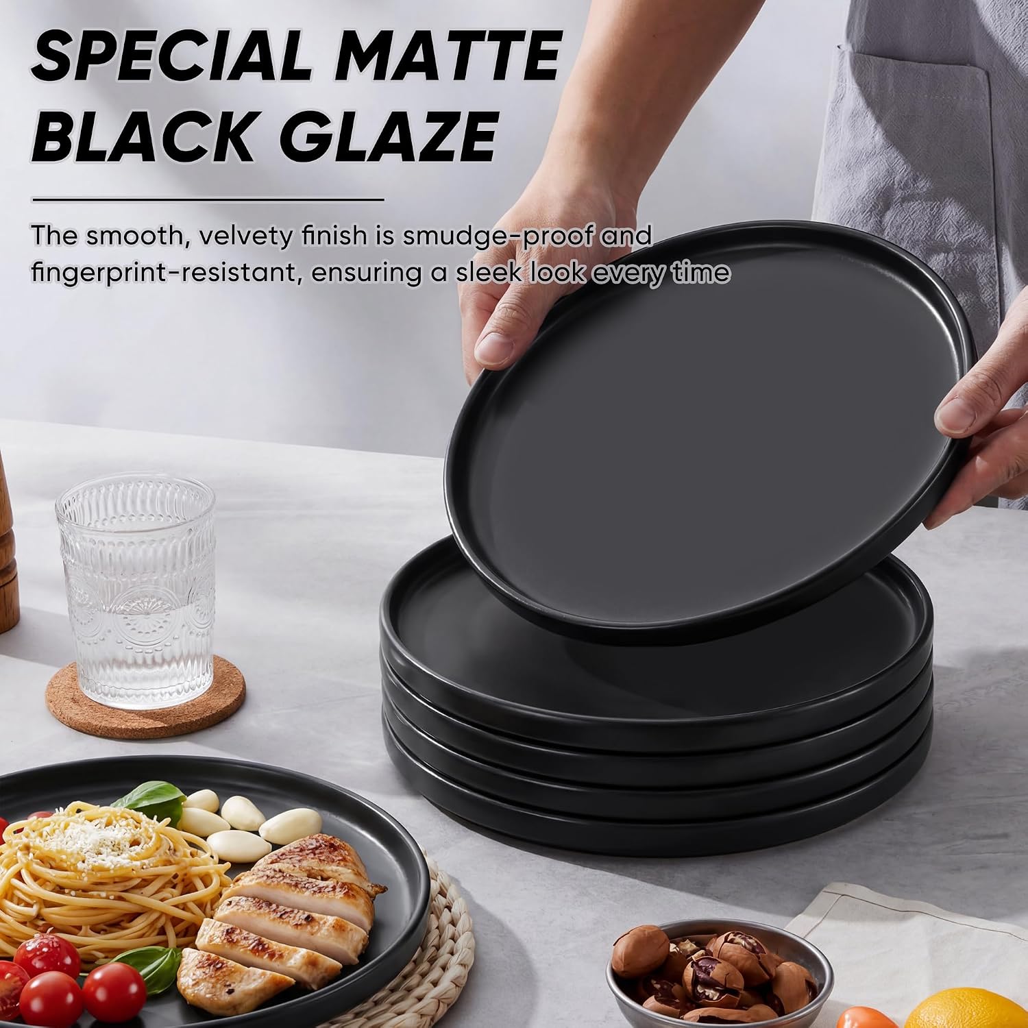 E-far Dinner Plates Set of 6, 10.5 Inch Stoneware Dinner Plate, Black | with Raised Edges, Chip & Scratch Resistant, Microwave & Dishwasher Safe Modern Ceramic Dishes for Dessert Salad, Matte Black