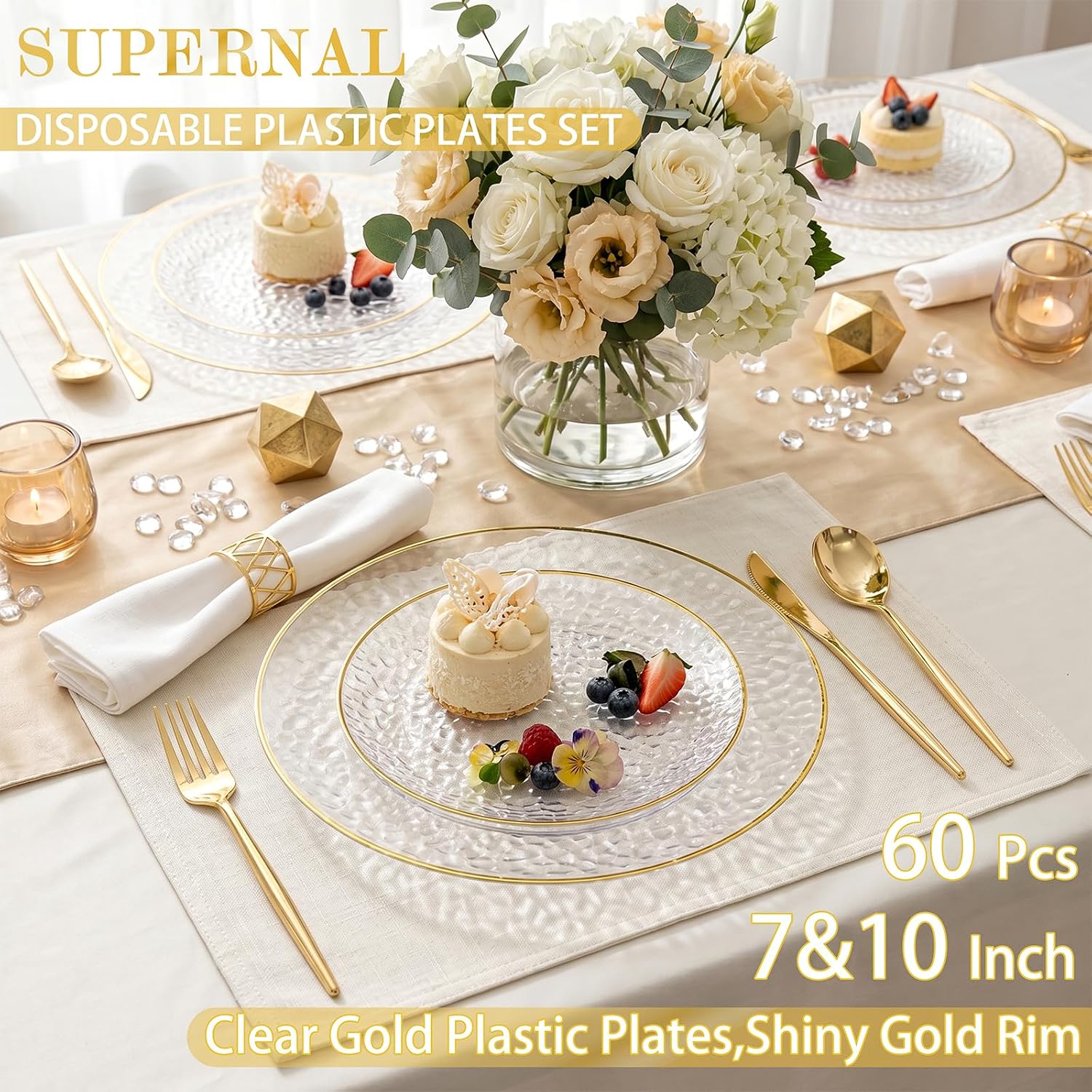 Rubtlamp 60Pcs Clear Plastic Plates,Clear Disposable Plates With Gold Rim,Heavy-duty Gold Plates,Hammered Party Plates Include 30Clear Dessert-Platos,30Dinner-Platos for Wedding, Party