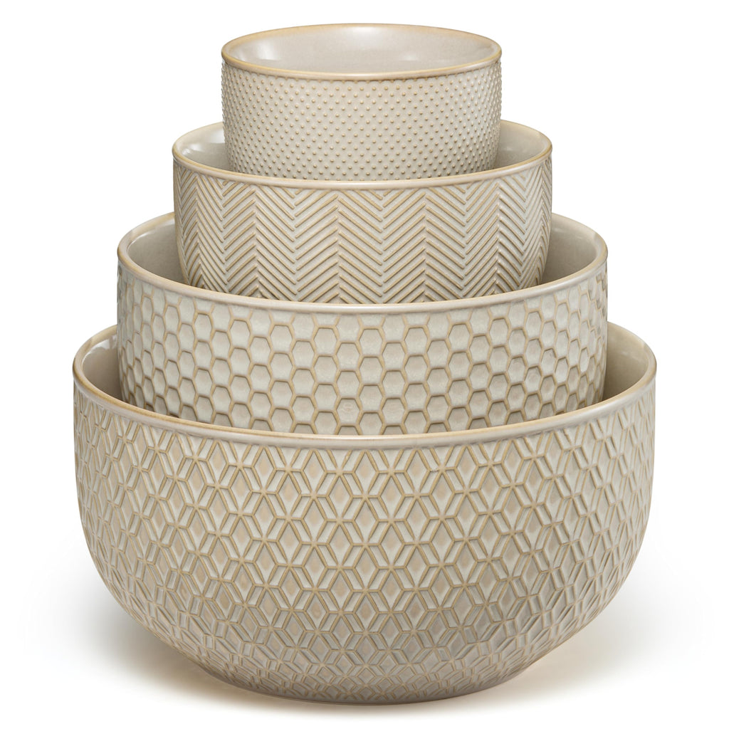 KooK Ceramic Mixing Bowls, Nesting Set of 4, Embossed Kitchen Dishware, Prep, Serving, Gift, Microwave and Dishwasher Safe, 20/44/98/145 oz, Narbonne Collection (Ivory)