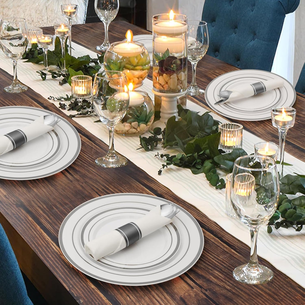 350 Piece Silver Plastic Dinnerware Set for 50 Guests | Disposable Dinnerware Includes: 50 Dinner Plates, 50 Dessert Plates, 50 Pre Rolled Napkins with Silver Silverware, 50 Cups