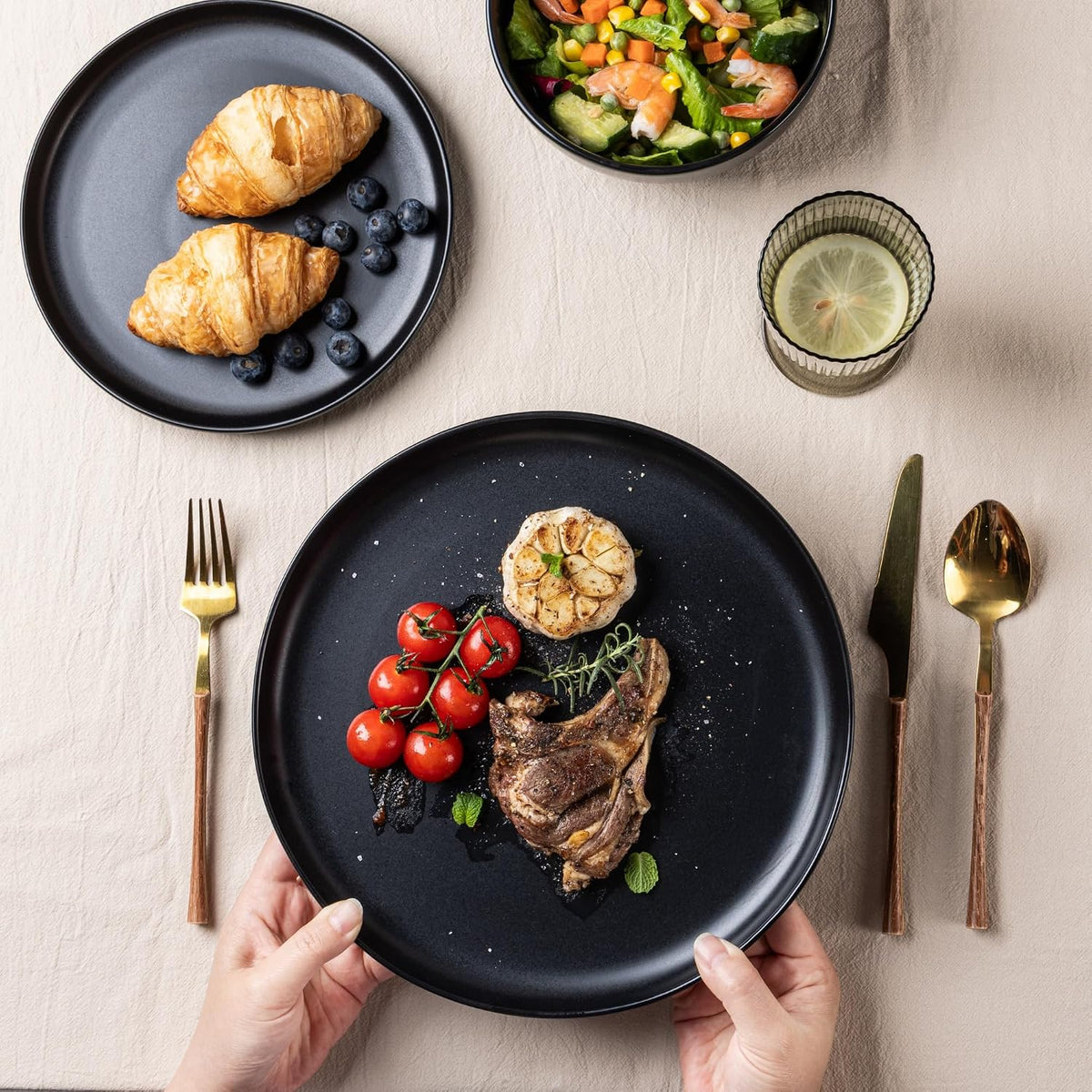 AmorArc Ceramic Dinner Plates Set of 6, 10.25 Inch Stoneware Dishes Set | Wavy Rim Shape Dinnerware Plates for Kitchen, Microwave & Dishwasher Safe, Scratch Resistant-Matte Black