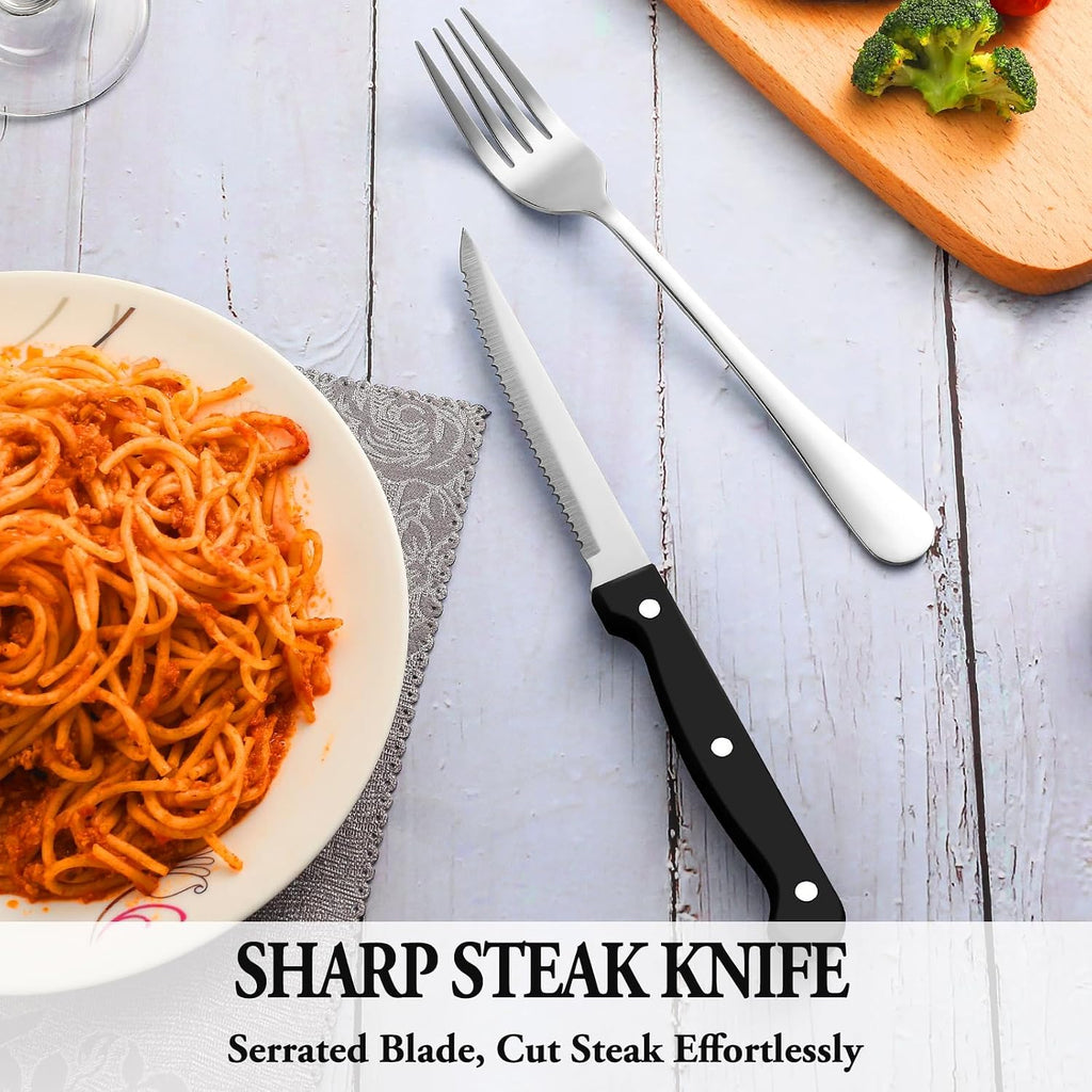 24 Pcs Silverware Set with Steak Knives for 4, Stainless Steel Flatware Set, Mirror Polished Cutlery Utensil Sets, Home Kitchen Eating Tableware, Dishwasher Safe