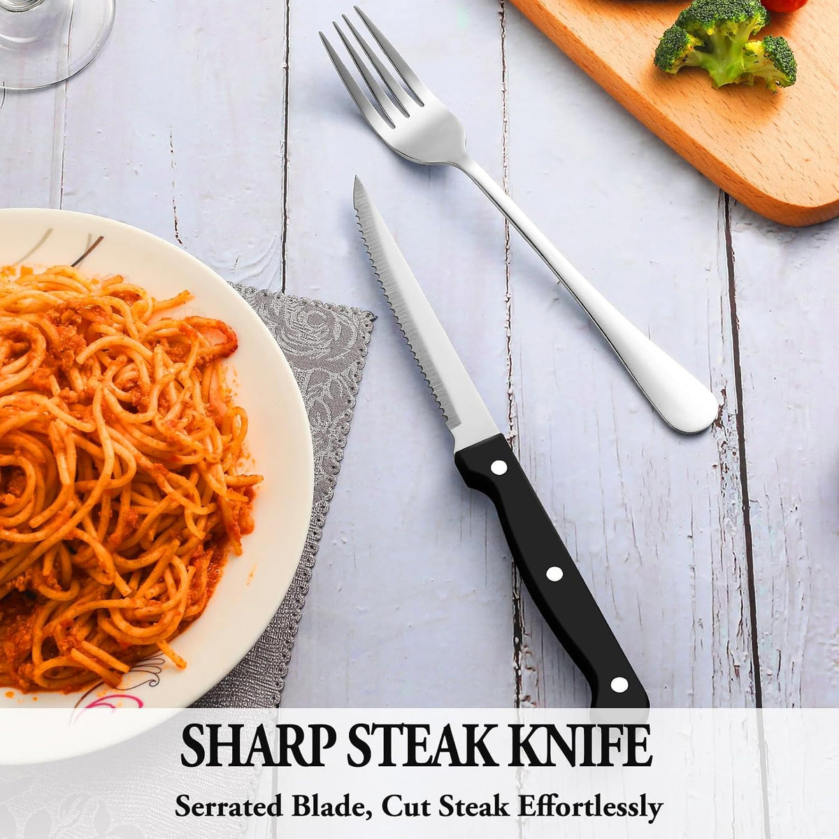 24 Pcs Silverware Set with Steak Knives for 4, Stainless Steel Flatware Set, Mirror Polished Cutlery Utensil Sets, Home Kitchen Eating Tableware, Dishwasher Safe